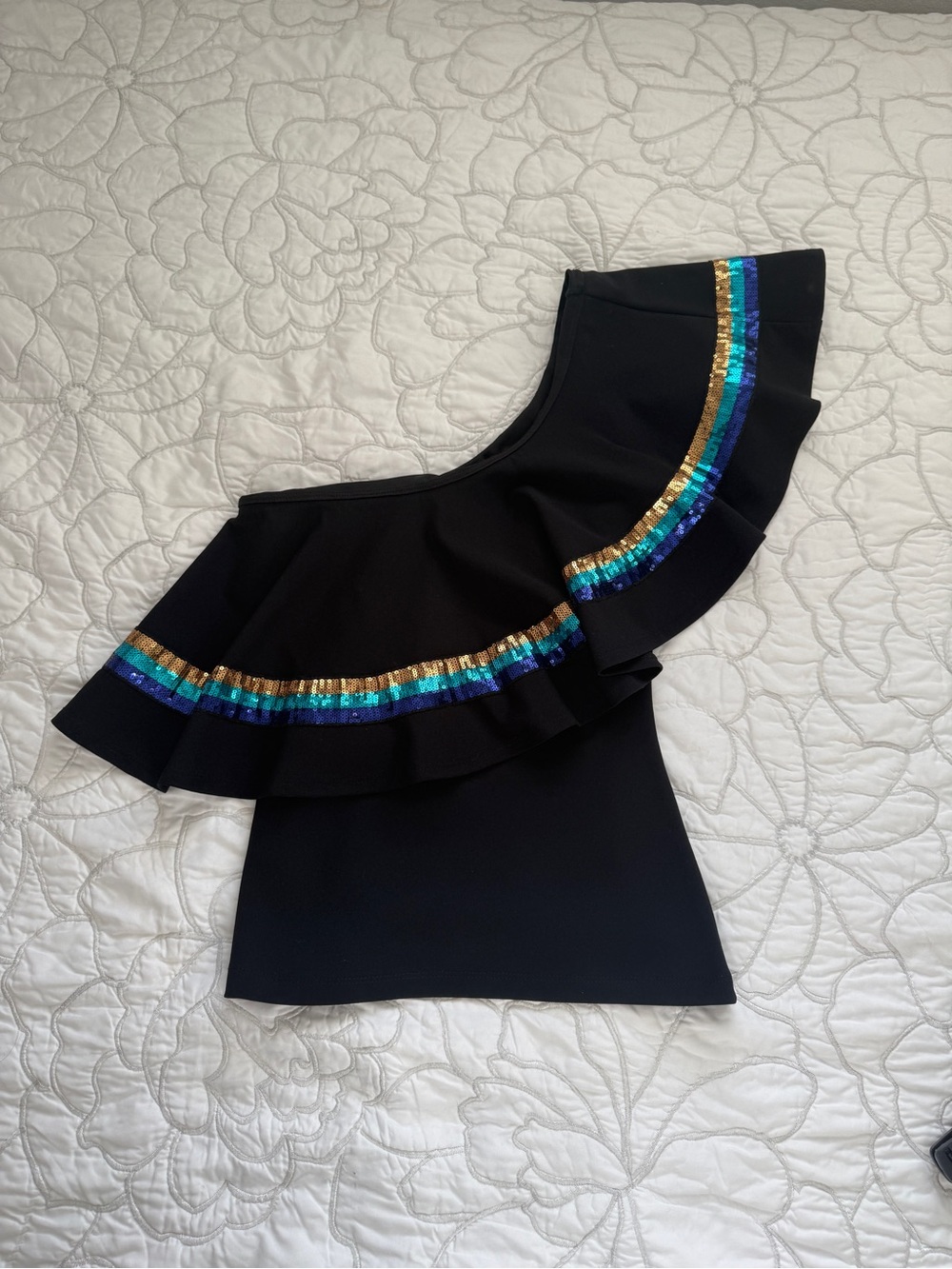 Frances Valentine Black One-Shoulder Ruffle Top with Blue and Gold Sequin Trim